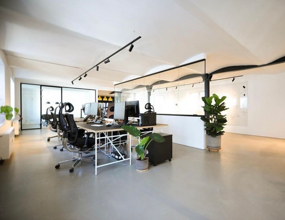 Abgebildet ist unser modernes Büro in Düsseldorf, das offene Arbeitsplätze, Pflanzen und eine entspannte Atmosphäre zeigt, die Teamarbeit und Remote-Optionen unterstützt.